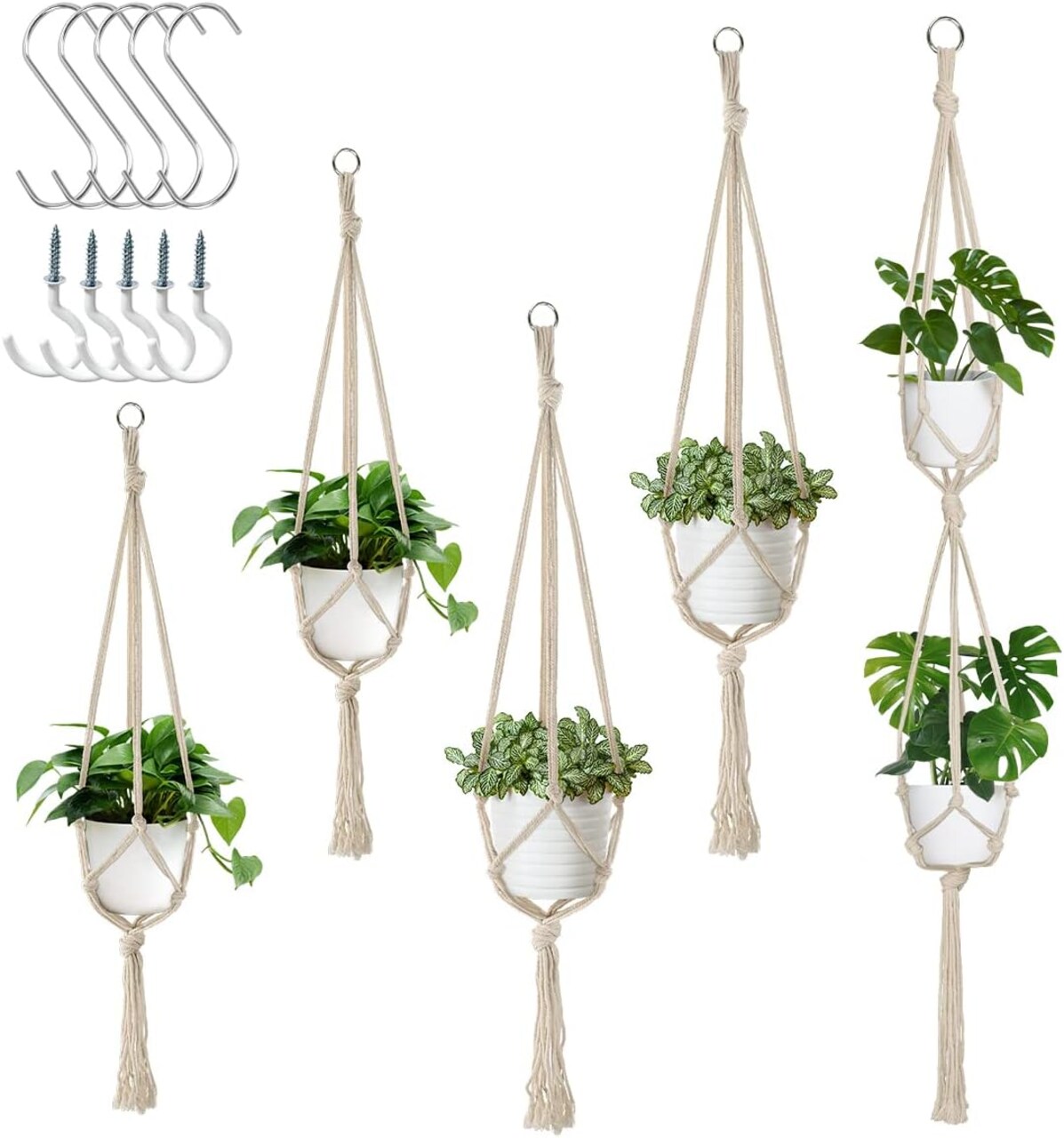 5-Pack Macramé Plant Hangers – Indoor Hanging Planter Holders with S-Hooks & Hook Nails, Handmade Boho Hanging Baskets in 3 Sizes (34" / 40" / 54") for Small Pots – Beige
